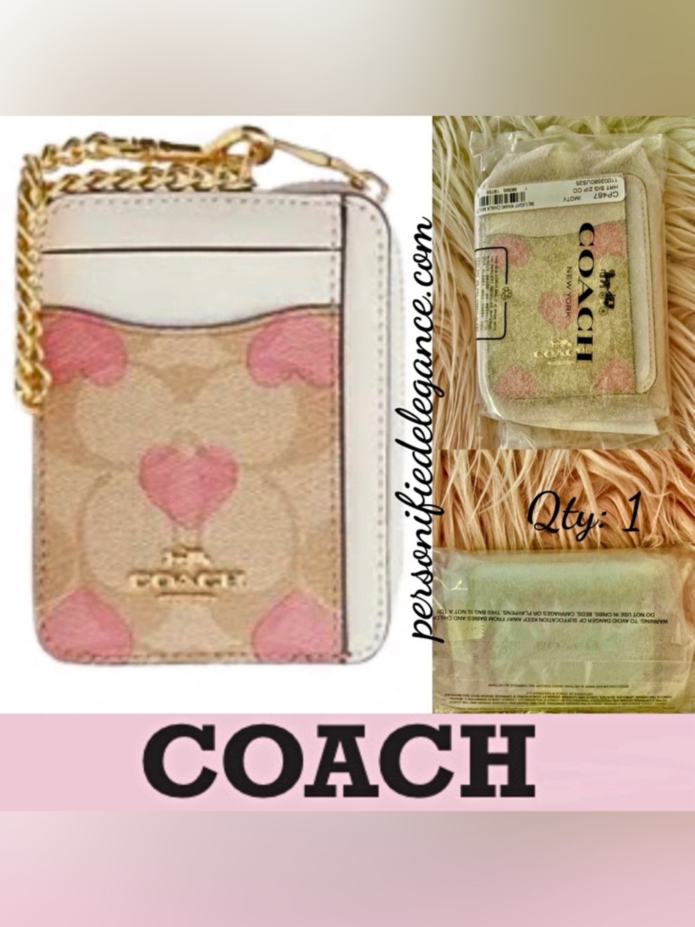 NEW Coach Signature Coated Canvas Heart Print Light Khaki Multi Chain Card Case